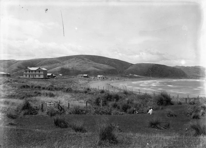 View of the beach at Plimmerton, showing Plimmerton House on the left