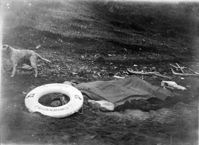 Lifebuoy, and bodies from the wreck of the ship Penguin, on a beach between Terawhiti Beach and Sinclair Head, Wellington