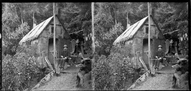 Man making walking sticks, and house, Leith, Dunedin