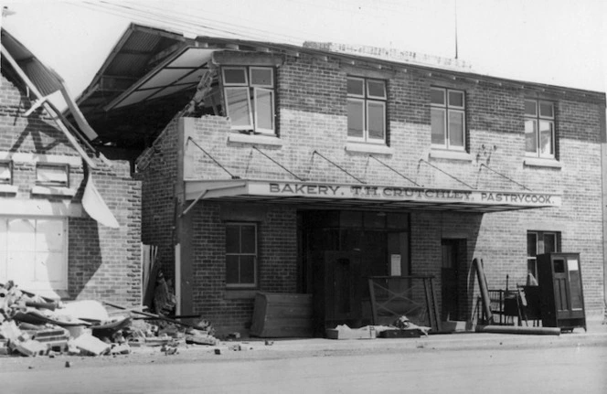 Premises of T H Crutchley, bakery, in Taradale, damaged by the 1931 Hawke's Bay earthquake