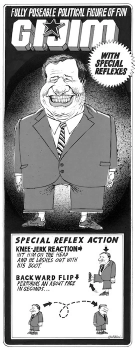 Hodgson, Trace :G. I. Jim. Fully poseable political figure of fun with special reflexes. Special reflex action - knee-jerk reaction. Hit him on the head and he lashes out with his boot. Backward flip. Performs an about-face in seconds. [1 August 1987]