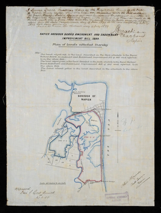 Kennedy, Arthur A fl 1899 :Napier Harbour Board Amendment and Endowment Improvement Bill 1899. Plan of lands affected hereby [ms map].
