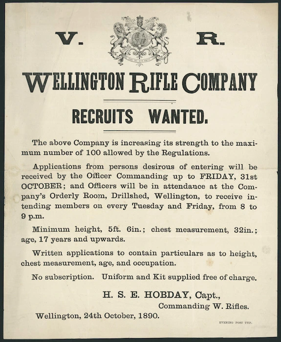 Wellington Rifle Company :Recruits wanted. Wellington, 24th October, 1890.