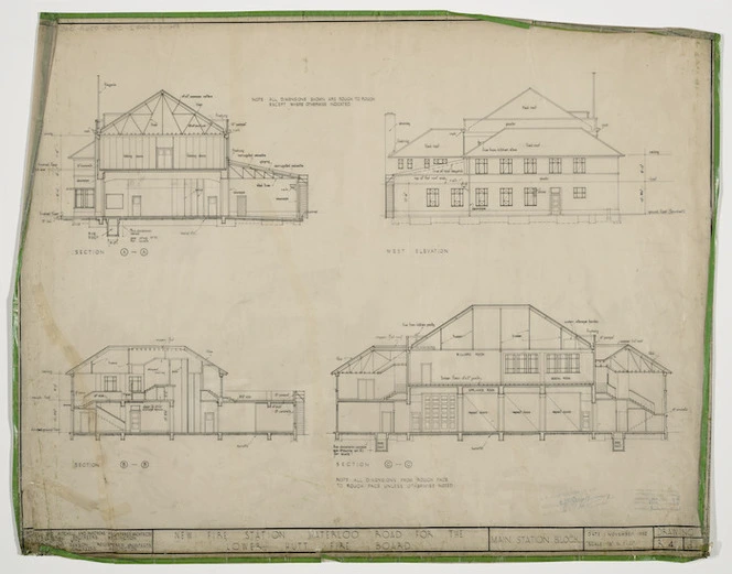 Mitchell & Mitchell and Partners :New fire station, Waterloo Road, for the Lower Hutt Fire Board. Main station block. Drawing R4. November 1952