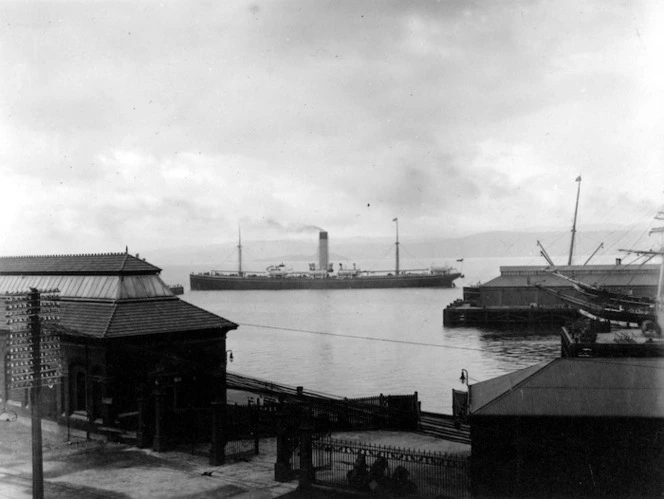 Looking across Wellington Harbour towards an unidentified ship