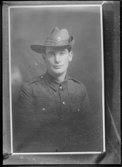 Head-and-shoulders studio portrait of an unidentified soldier - Photograph taken by [S?] Jones, Bury, Lancashire, United Kingdom