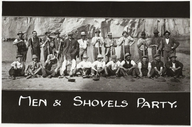 Workmen who removed a sand bar, enabling water from Lake Onoke, South Wairarapa, to flow into the sea