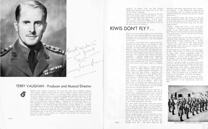 J C Williamson Theatres Ltd :Souvenir of the New Zealand Kiwis Revue. Page 2-3 - Terry Vaughan - producer and Musical director; Kiwis don't fly? ... [ca 1950].