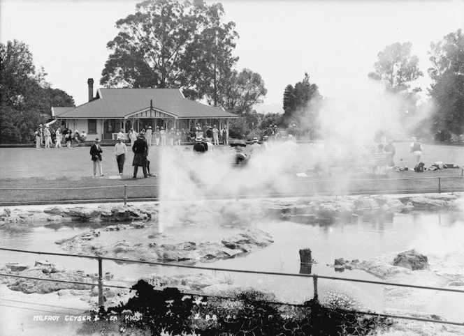 Malfroy Geyser alongside the Rotorua Bowling Club