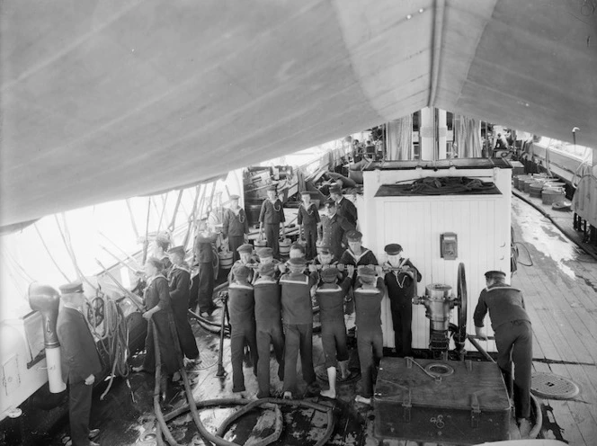 Military cadets during a fire drill on board the ship Amokura