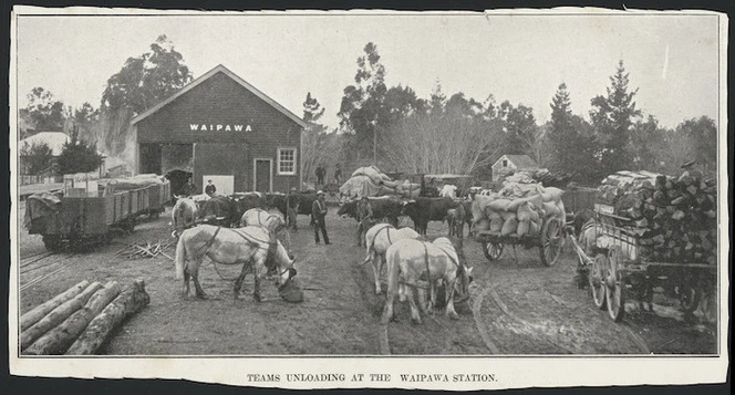 Unloading carts at Waipawa railway station, Hawke's Bay