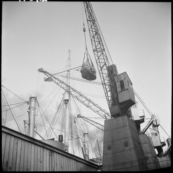 Loading beef on to the Rangitiki from a Wellington wharf