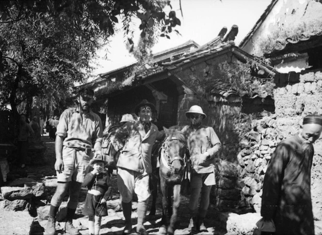 Yunnan, China. Mr H, Mick Bowie, and Kurt Suter ready to leave Lijiang on the first trip up the mountain. 28 September 1938.