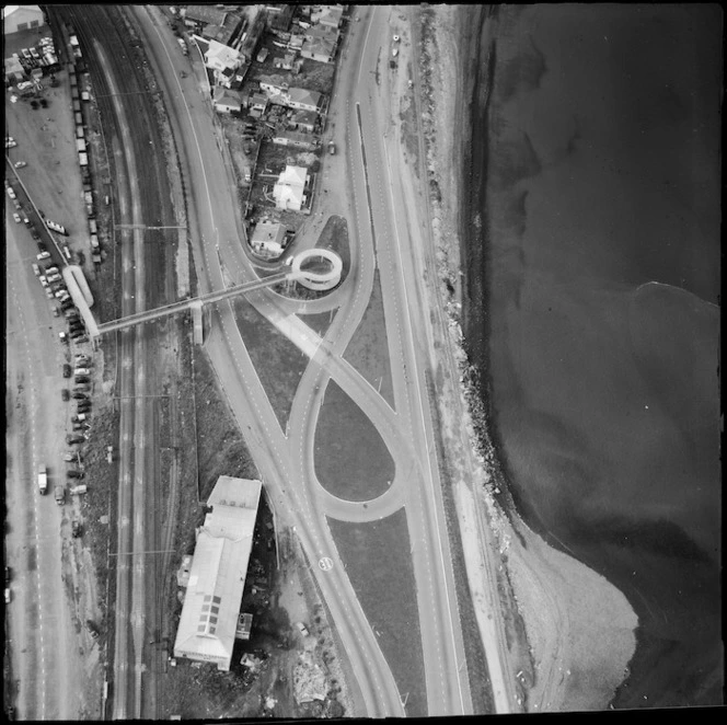 View of Petone roading system with (L to R) the Western Hutt Road and railway, the Hutt Road and The Esplanade with Petone foreshore, Lower Hutt Valley, Wellington Region