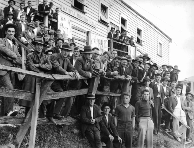 Gold miners at a union meeting outside Waiuta Miners Hall