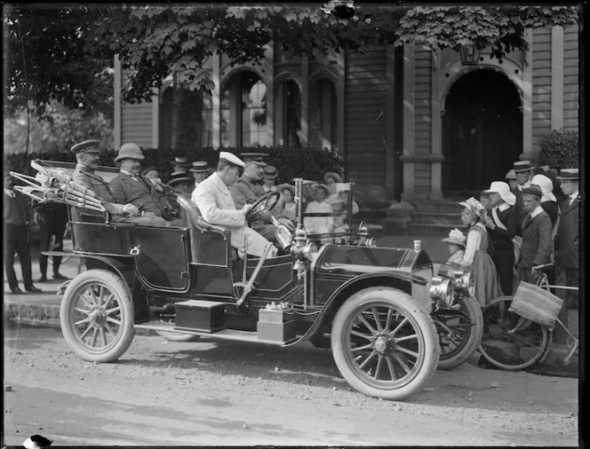 Motor car carrying Joseph Ward and others, outside the Christchurch Club, Christchurch
