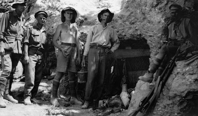 Unidentified Australian troops outside the tunnel entrance to trenches at Popes Post, Gallipoli, Turkey