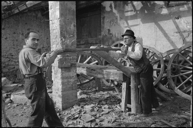 Italian wheelwrights at work in village behind the NZ Sector of the Italian Front in World War II - Photograph taken by George Kaye