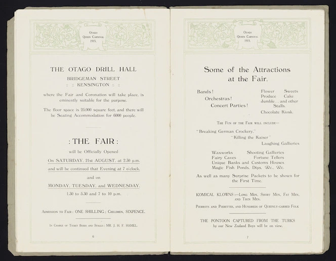 Otago Queen Carnival 1915. The Otago Drill Hall, Bridgeman Street Kensington, where the fair and coronation will take place ...; Some of the attractions of the fair [1915]