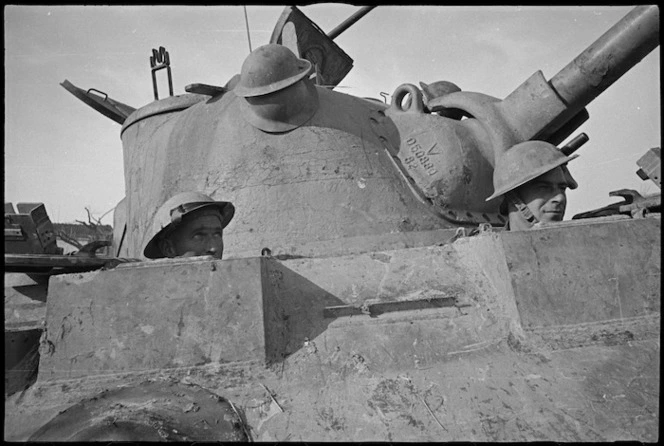 T M Alexander and A F Hare in the forward compartment of a Sherman tank, Italian Front, World War II - Photograph taken by George Kaye