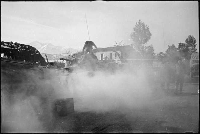 Sherman tanks of the NZ Division warming up for work on the Orsogna Front, Italy, World War II - Photograph taken by George Kaye