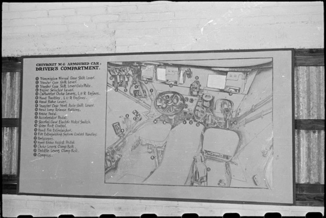 Diagram of a Staghound driver's compartment at the NZ Armoured Training School at Maadi Camp, Egypt - Photograph taken by George Bull