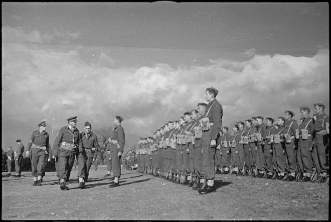 General Freyberg inspects 6 NZ Infantry Brigade in the Volturno Valley, Italy, World War II - Photograph taken by George Kaye