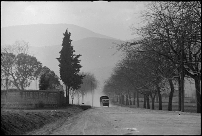 New Zealand Division transport in the Volturno Valley, Italy, World War II - Photograph taken by George Kaye