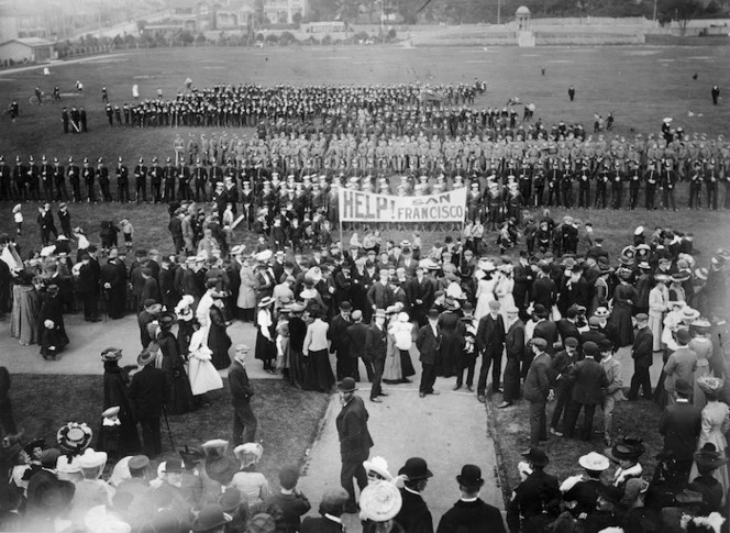 Group at Basin Reserve, Wellington, after the 1906 San Francisco earthquake