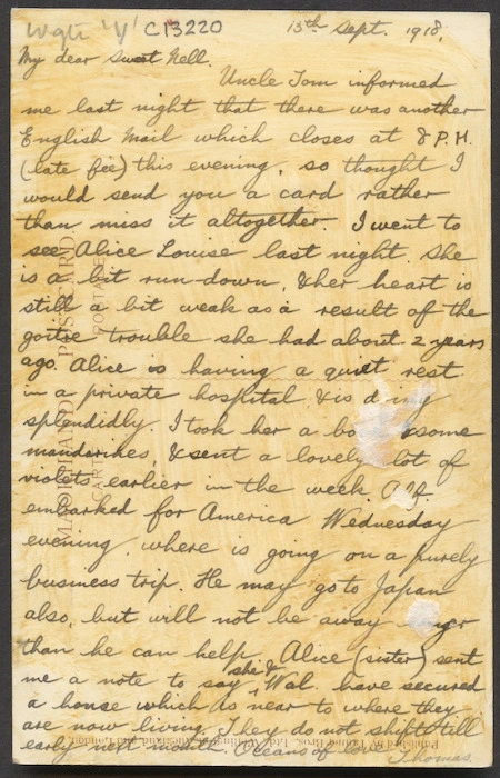 Back of postcard featuring a letter from Thomas to Nell dated 13th September 1918