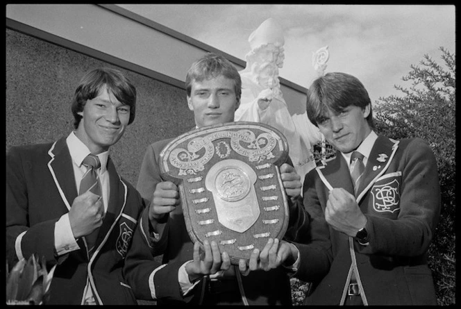 Students from St Patrick's College, Wellington, with the McEvedy Shield for athletics - Photograph taken by Stuart Ramson