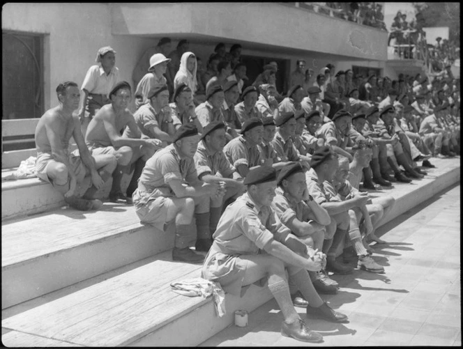 Group of onlookers during regimental swimming sports held at the Alamein Baths, Cairo, World War II - Photograph taken by G Kaye
