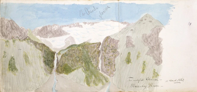 Haast, Johann Franz Julius von, 1822-1887: Two Waterfall Glacier - Macaulay River. 10 March 1862.