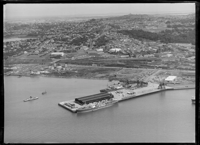 Import wharf at Mechanics Bay, Auckland, with the railyards in the background