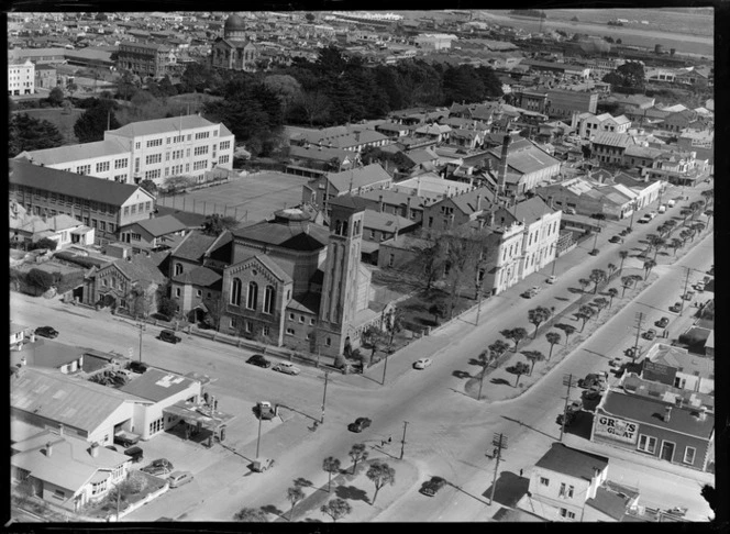 First Presbyterian Church, Tay Street and St Mary's Basilica in centre background, Invercargill