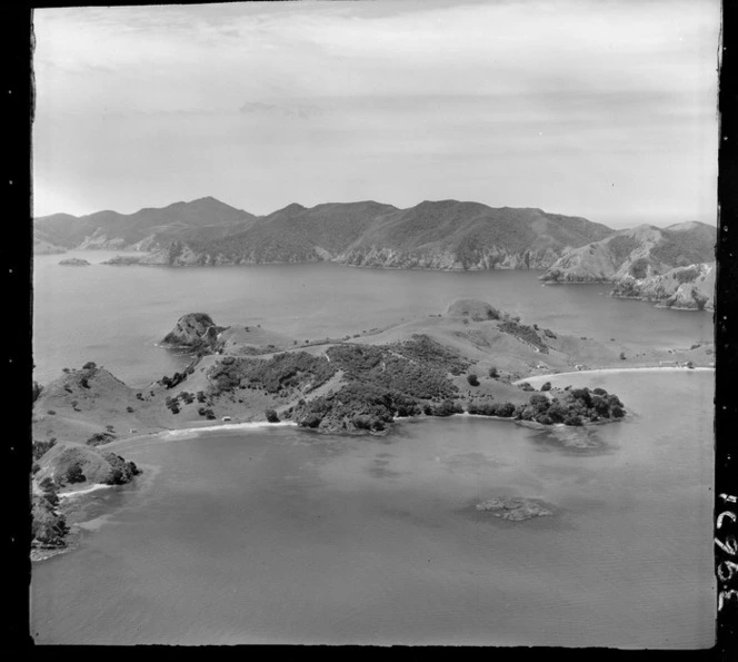 Rawhiti Point, view of Kaimarama, Onepoto and Hauai Bays with farmland and buildings, Bay of Islands, Northland