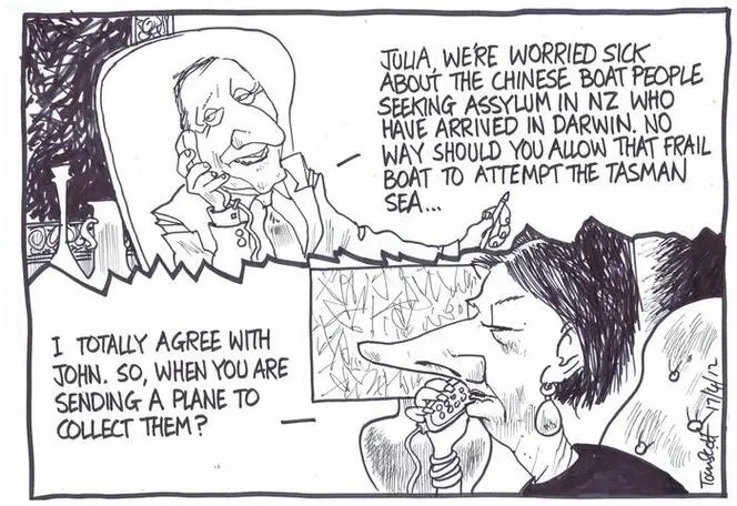 Scott, Thomas, 1947- :'Julia, we're worried sick about the Chinese boat people seeking asylum in NZ who have arrived in Darwin. No way should you allow that frail boat to attempt the Tasman Sea'. 17 April 2012