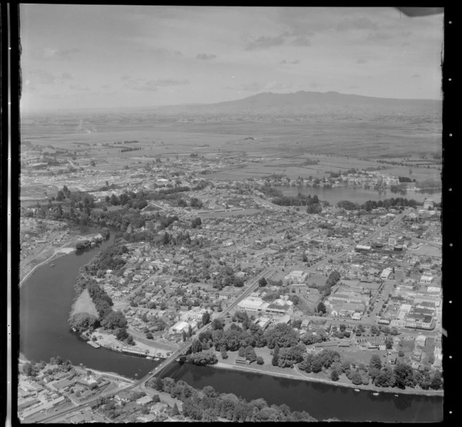 Hamilton East and the Waikato River with Bridge Street bridge and Saint Peter's Cathedral, with Lake Rotoroa beyond, Hamilton, Waikato Region