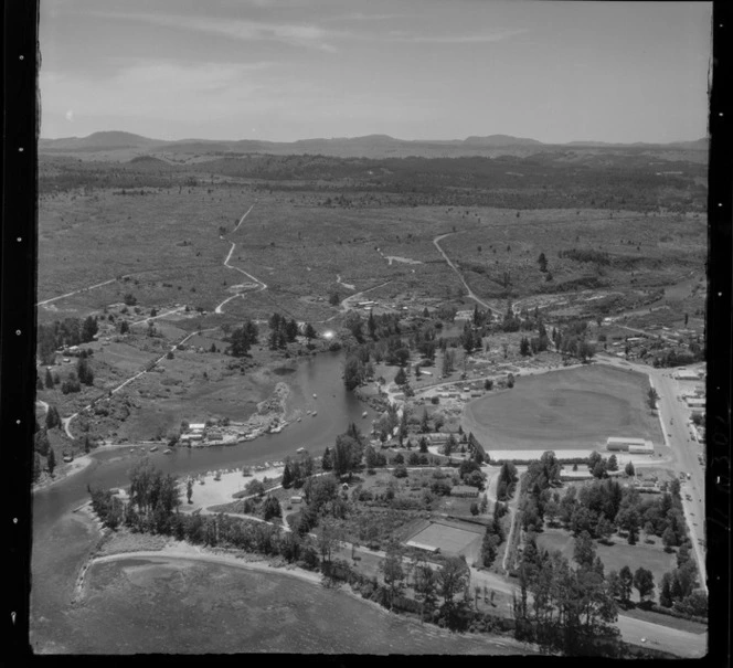 Waikato River and Lake Taupo confluence with Marina and Domain, with Tongariro Street State Highway 5, Taupo