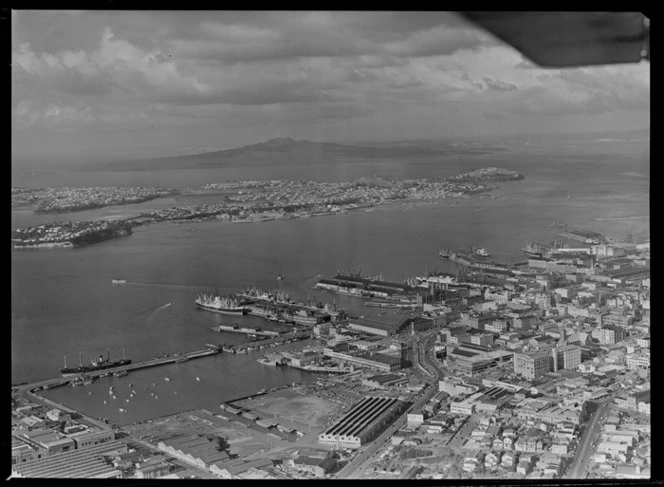 Auckland harbour, showing shipping and industrial area, including Rangitoto Island in the background