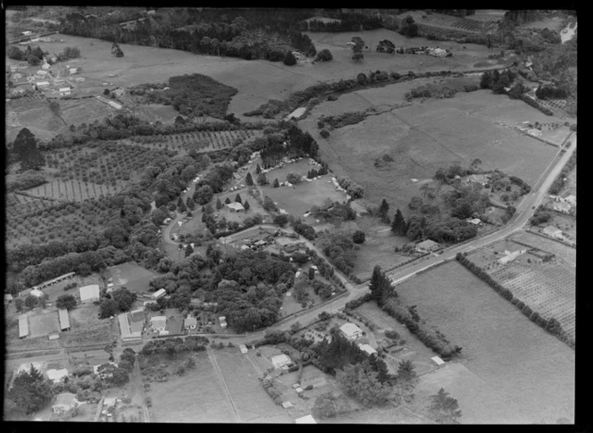 Tui Glen Reserve with tents, Henderson Creek and Cranwell Park, with Edmonton Road and Claude Brookes Drive, Henderson, Auckland City