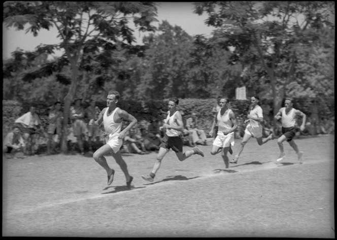 Race in progress at sports meeting between South African and New Zealand Artillerymen, Maadi Sports Club, Egypt - Photograph taken by George Kaye