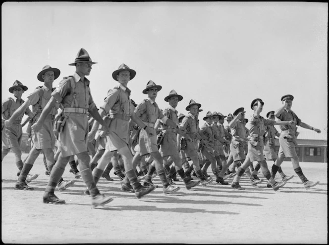 Close up of NZ Artillery troops marching past Brigadier Weir at Artillery Training Depot, Maadi, Egypt - Photograph taken by George Kaye