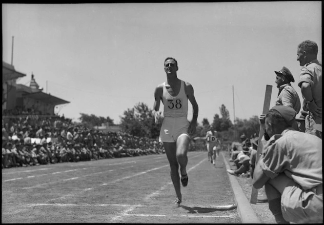 Finish of the 880 yards race at NZ Division Athletics Championships, Cairo, Egypt, World War II - Photograph taken by George Kaye