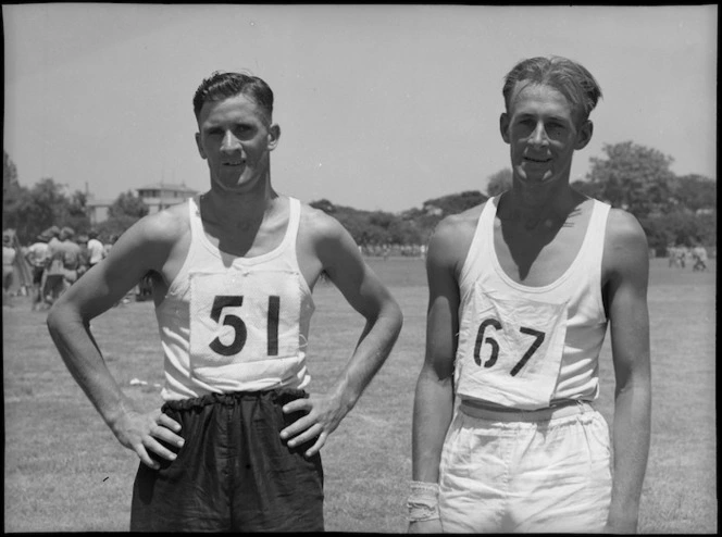 Findlay, winner of the 440 yards, with Poultney, runner up, at NZ Division Athletics Championships, Cairo, Egypt - Photograph taken by George Kaye