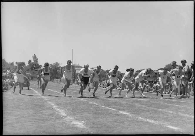 Start of the 880 yards race at NZ Division Athletics Championships, Cairo, Egypt, World War II - Photograph taken by George Kaye