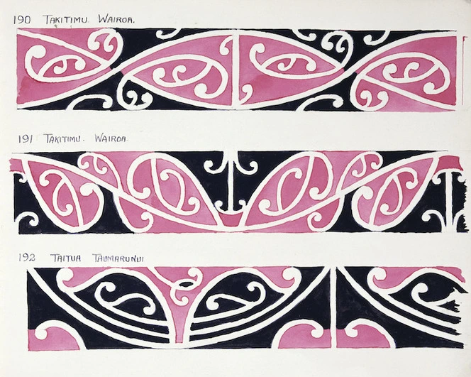 Godber, Albert Percy, 1876-1949 :[Drawings of Maori rafter patterns]. 190. Takitimu Wairoa; 191. Takitimu. Wairoa; 192. Taitua Taumarunui. [1945].
