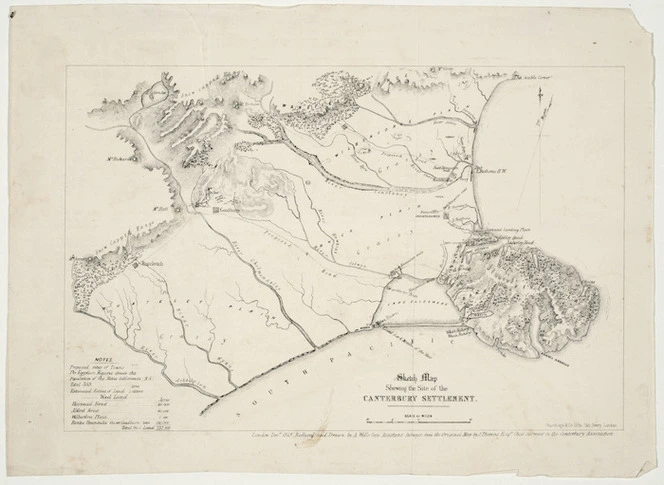 Thomas, Joseph, b. 1803 :Sketch map shewing the site of the Canterbury settlement. London, Decr 1849. Reduced and drawn by A Wills, late assistant surveyor from the original map by J Thomas Esqr, chief surveyor to the Canterbury Association. Standidge & Co, Litho, Old Jewry, London.