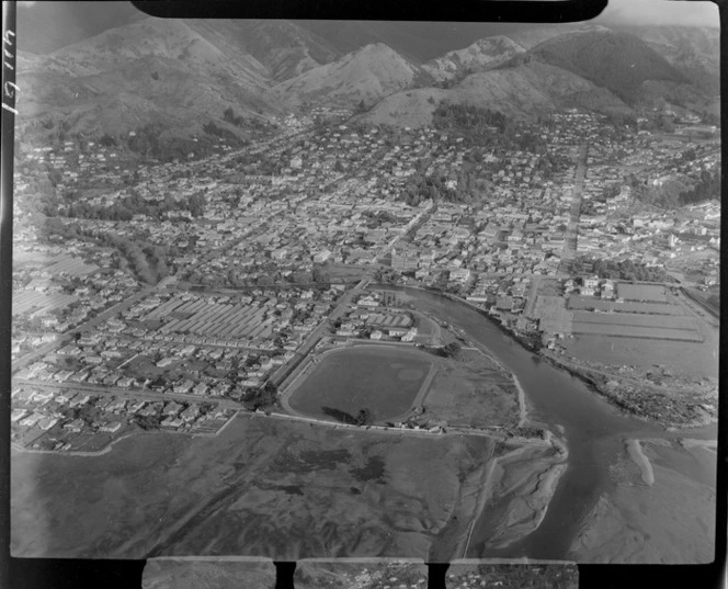 Nelson City and suburbs with greenhouses, the Maitai River and Trafalgar Park in foreground, Nelson Region