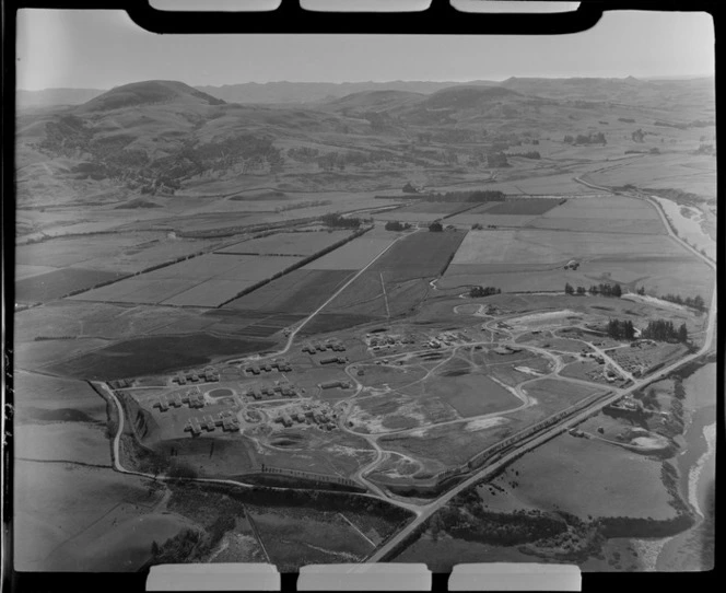 Cherry Farm Hospital, north of Merton with the Waikouaiti-Waitati and Coast Roads and Waikouaiti River inland from Karitane, Otago Region